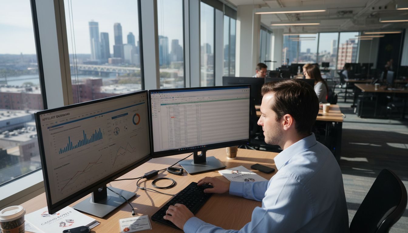 Affiliate manager reviews analytics at office desk